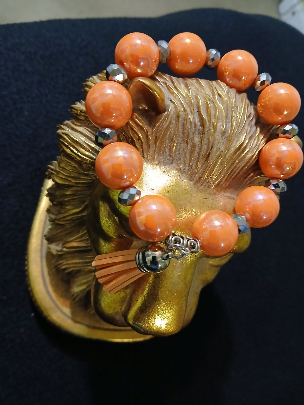 Orange Beaded Stretch Bracelet with Tassel Charm